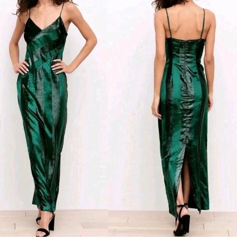 Yumi Kim Elegant Green Satin Striped Dress NWT
